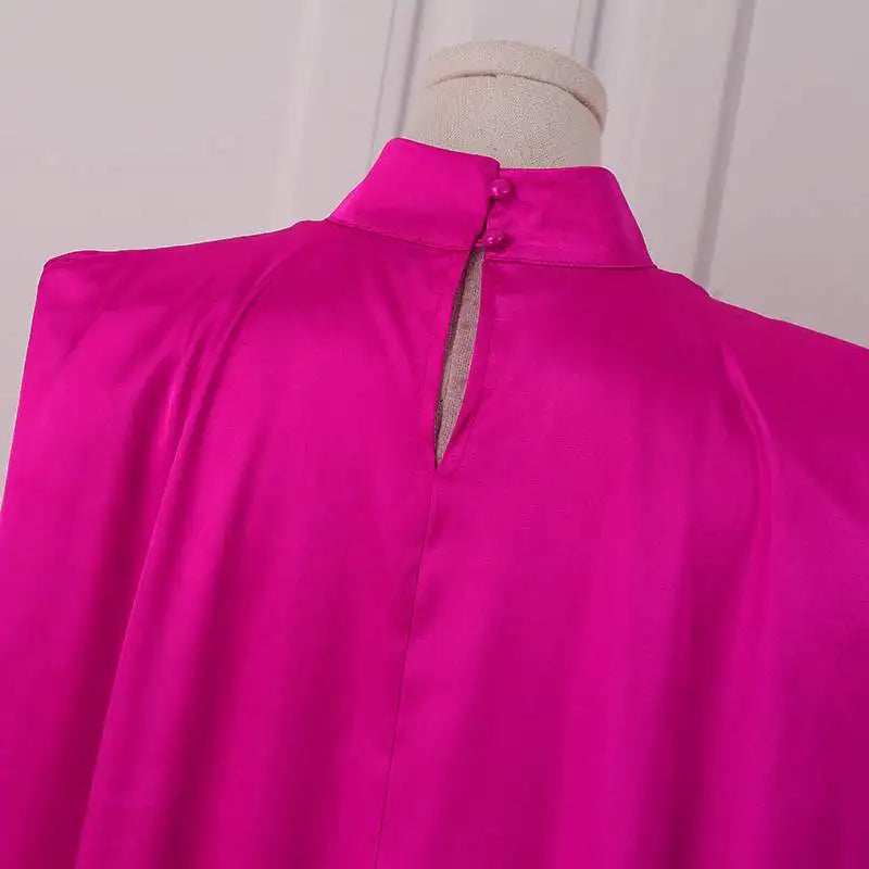 VONDA Women Elegant Satin Dress 2024 Fashion Long Bat Sleeve Stand Collar Evening Pleated Maxi Sundress Casual Solid Loose Robe