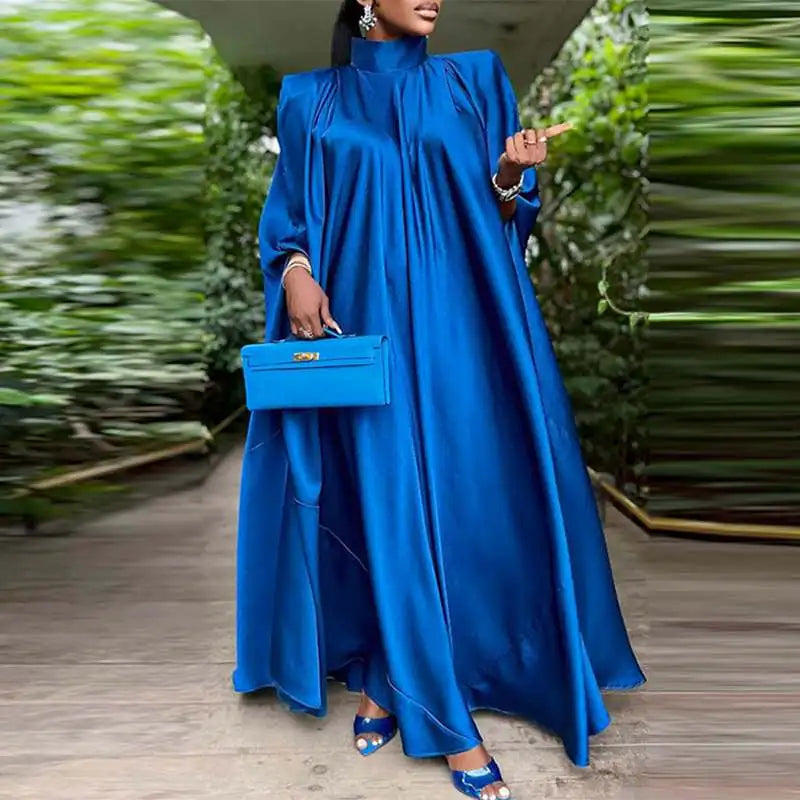 VONDA Women Elegant Satin Dress 2024 Fashion Long Bat Sleeve Stand Collar Evening Pleated Maxi Sundress Casual Solid Loose Robe