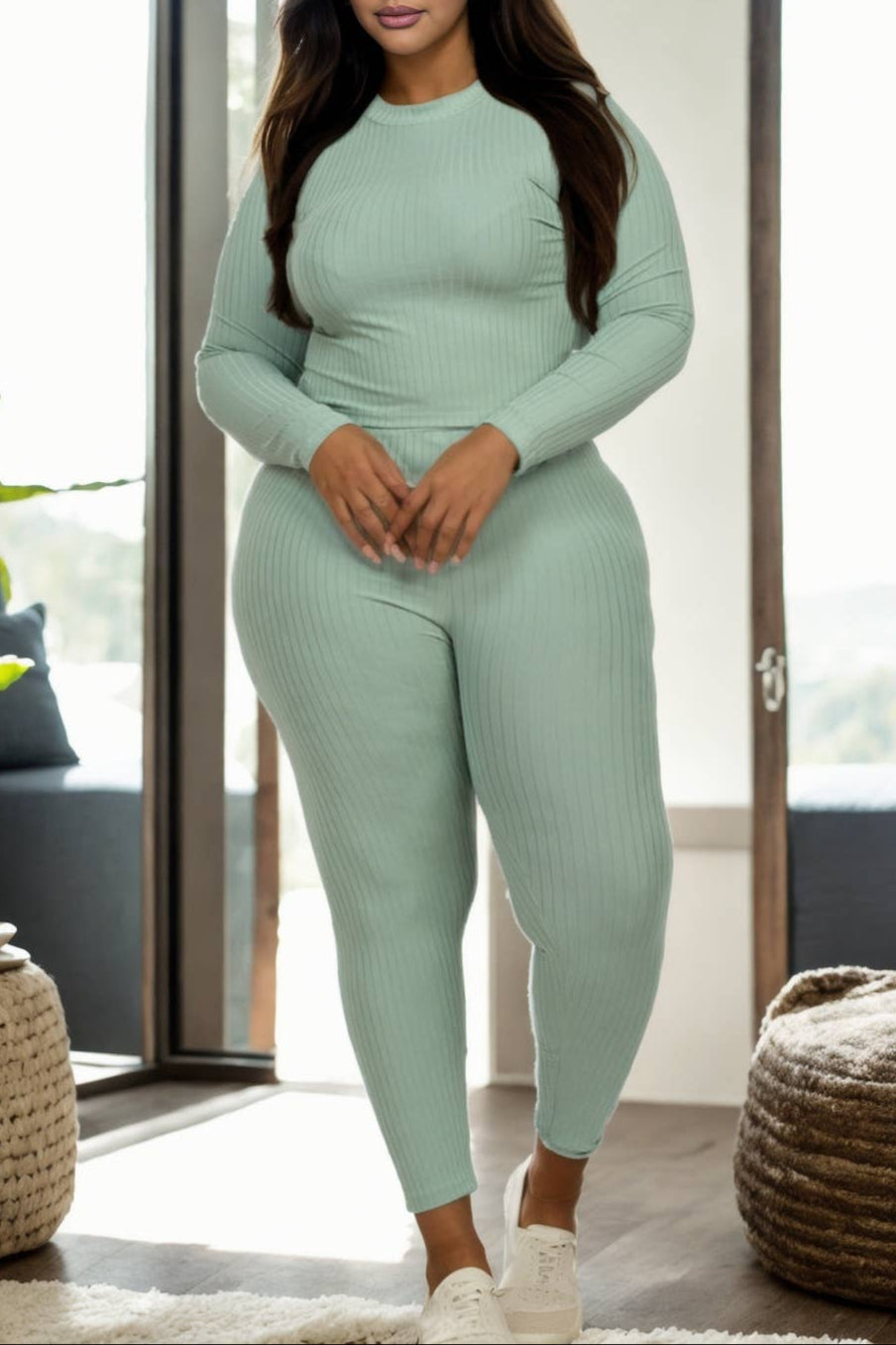Plus Size Ribbed Mock Neck Long Sleeve Top & Leggings Set