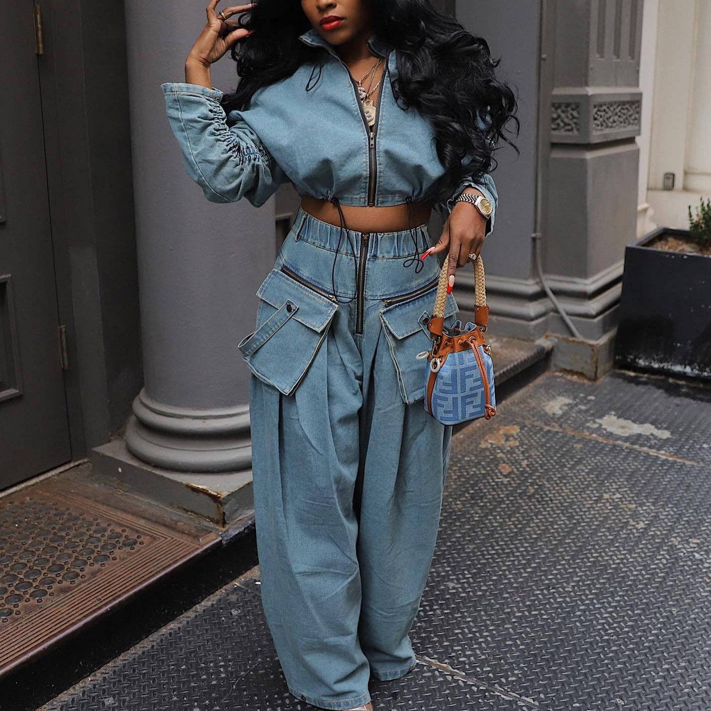 MB FASHION DENIM TWO PIECE SET STREETWEAR 2 PCS SET