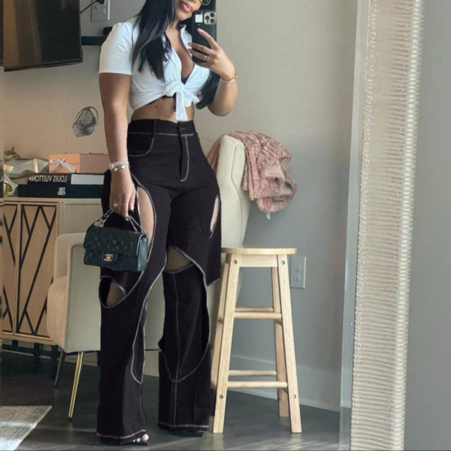 MB FASHION STRAIGHT LEG HIGH WAIST CUTOUTS PANTS