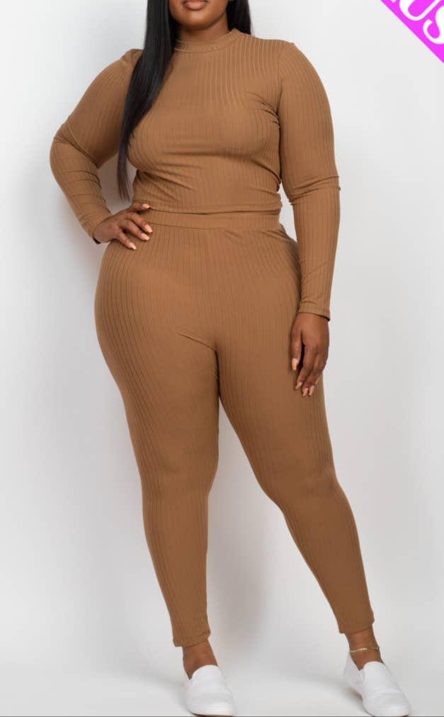 Plus Size Ribbed Mock Neck Long Sleeve Top & Leggings Set