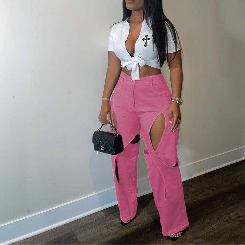 MB FASHION STRAIGHT LEG HIGH WAIST CUTOUTS PANTS
