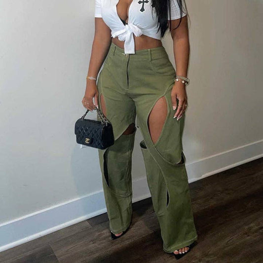 MB FASHION STRAIGHT LEG HIGH WAIST CUTOUTS PANTS