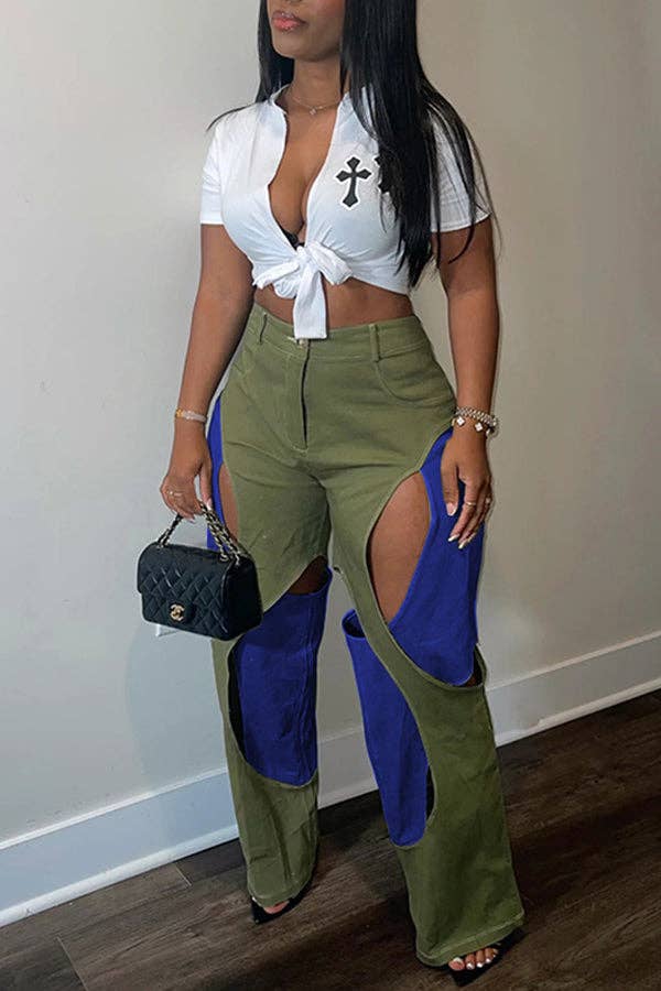 MB FASHION STRAIGHT LEG HIGH WAIST CUTOUTS PANTS