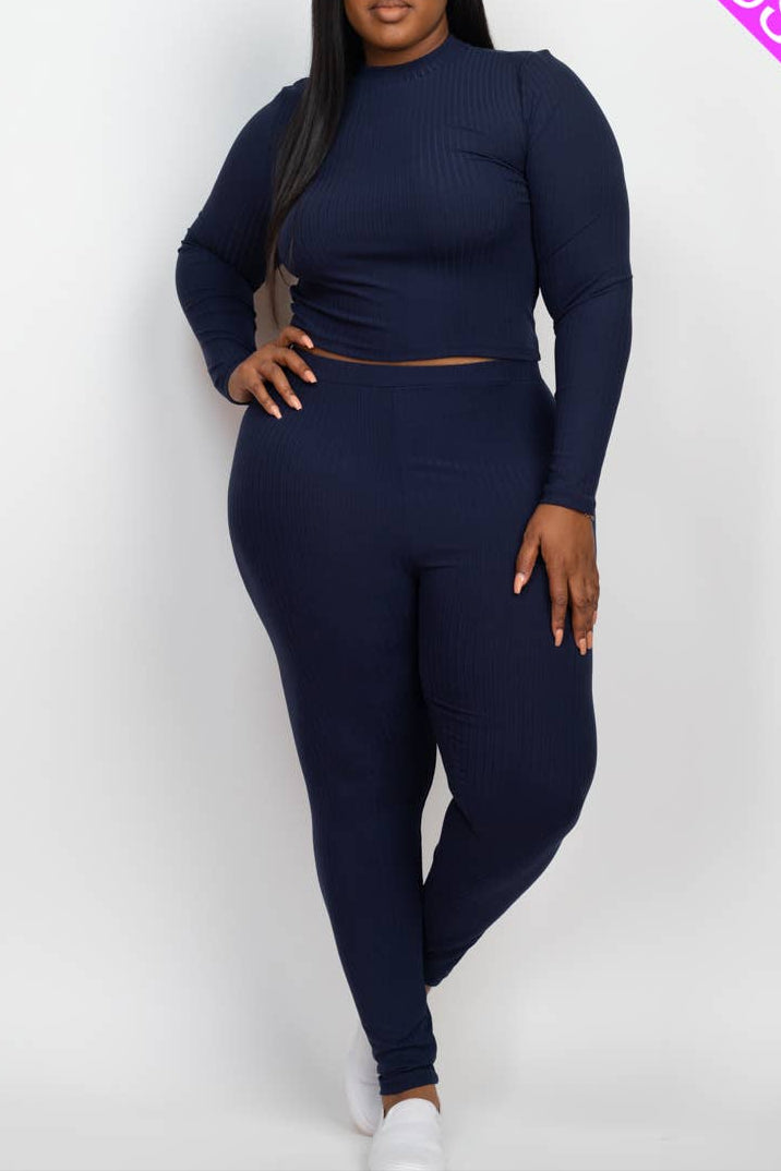 Plus Size Ribbed Mock Neck Long Sleeve Top & Leggings Set