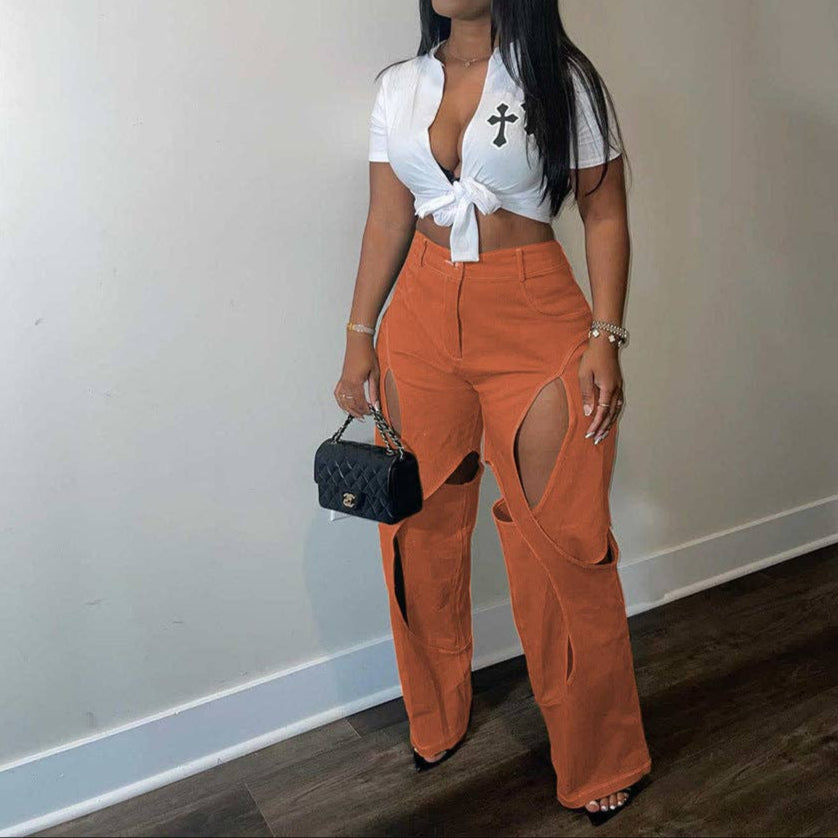 MB FASHION STRAIGHT LEG HIGH WAIST CUTOUTS PANTS