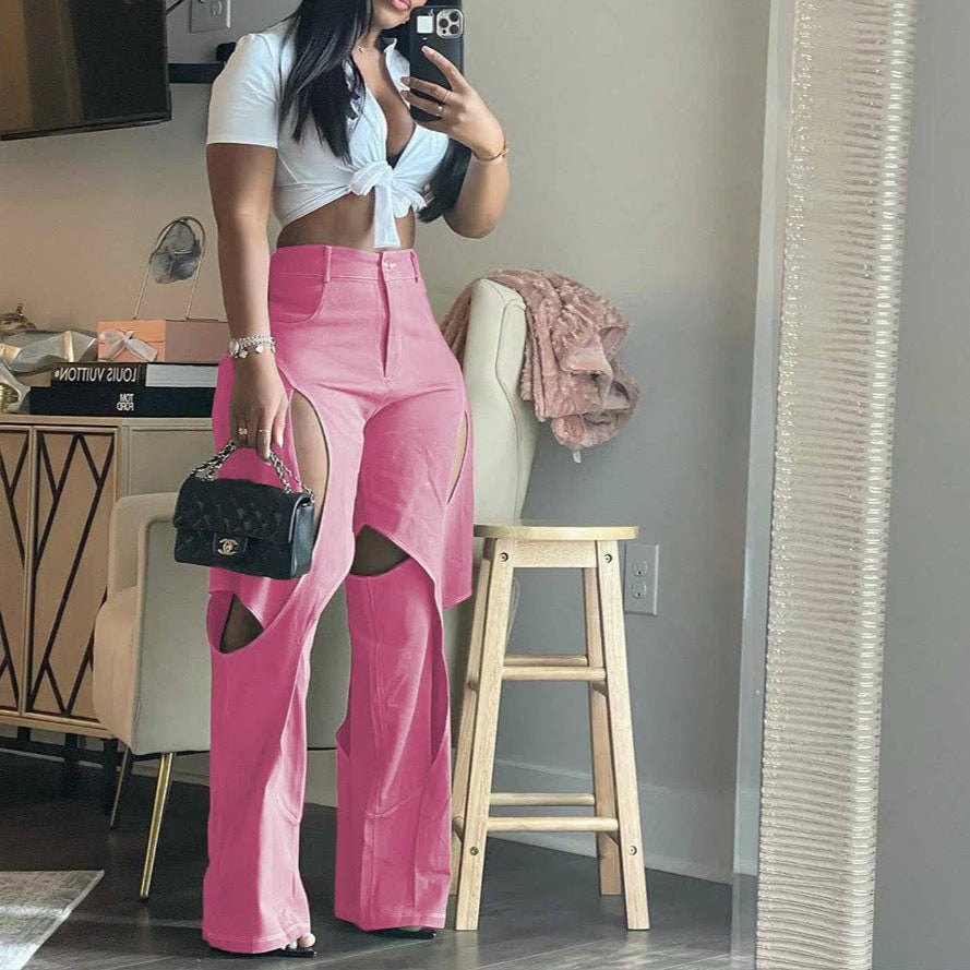 MB FASHION STRAIGHT LEG HIGH WAIST CUTOUTS PANTS