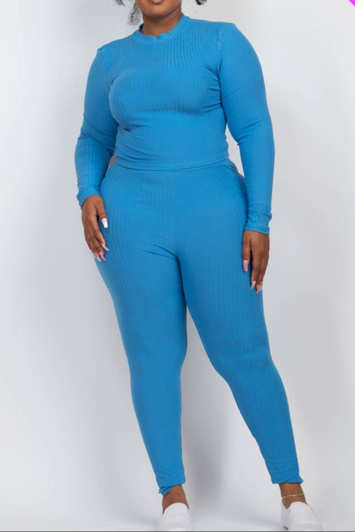 Plus Size Ribbed Mock Neck Long Sleeve Top & Leggings Set