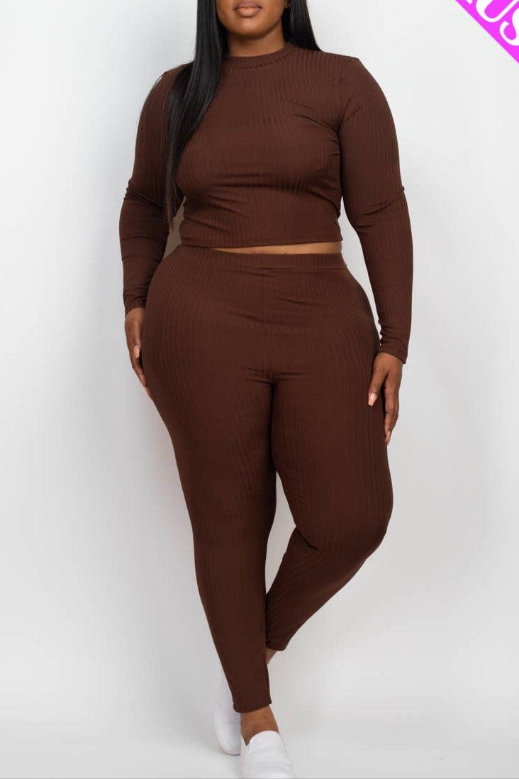 Plus Size Ribbed Mock Neck Long Sleeve Top & Leggings Set
