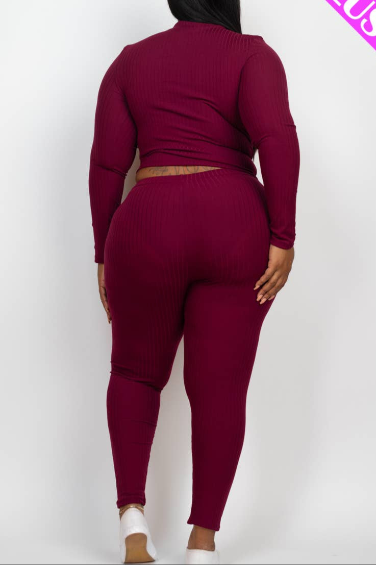 Plus Size Ribbed Mock Neck Long Sleeve Top & Leggings Set