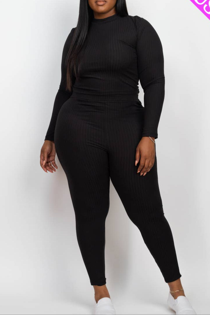 Plus Size Ribbed Mock Neck Long Sleeve Top & Leggings Set