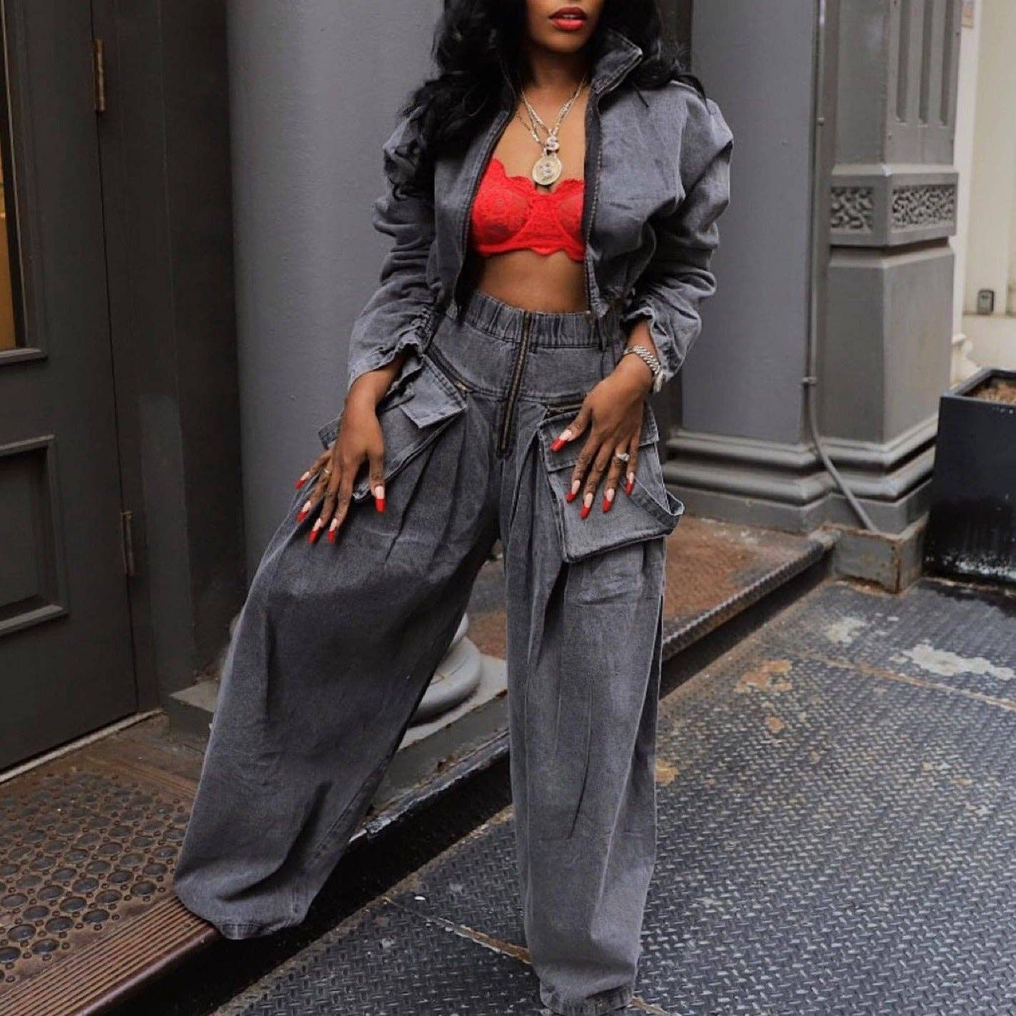 MB FASHION DENIM TWO PIECE SET STREETWEAR 2 PCS SET