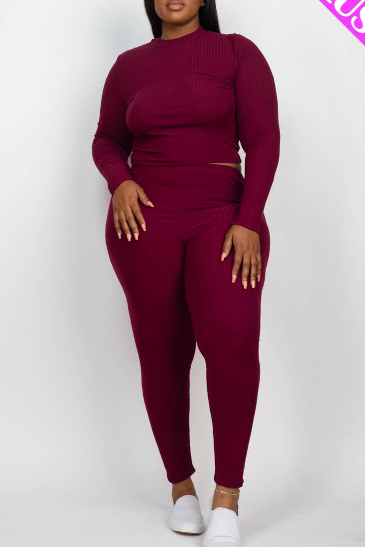 Plus Size Ribbed Mock Neck Long Sleeve Top & Leggings Set