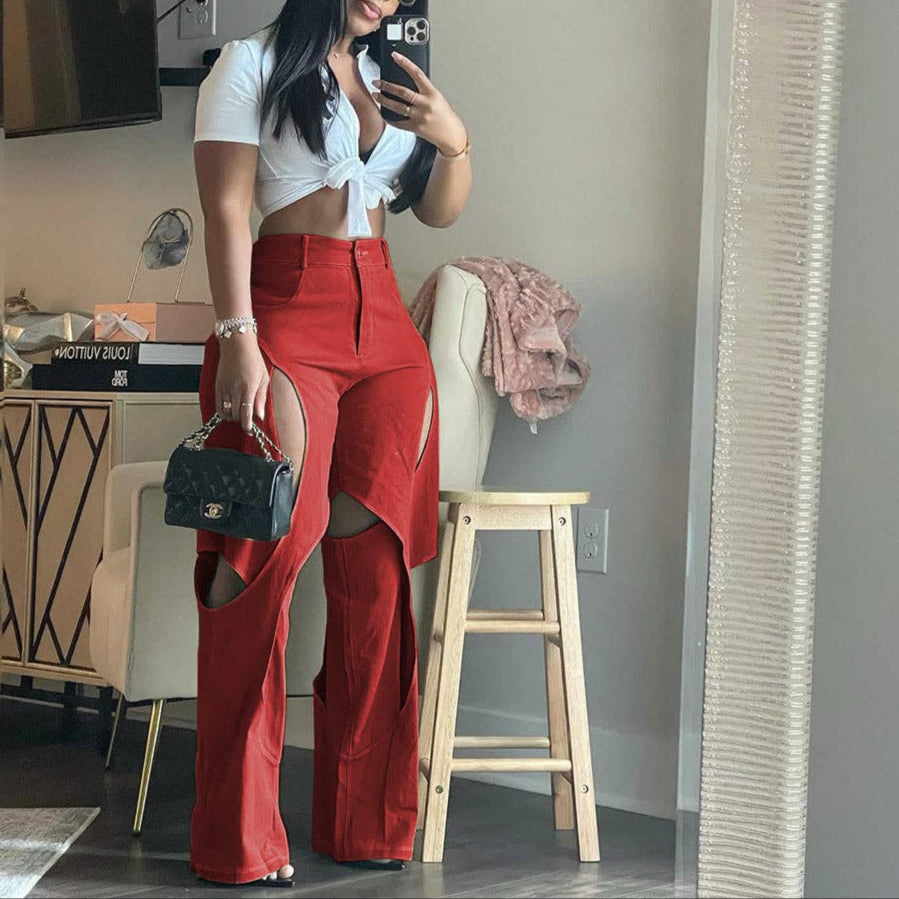 MB FASHION STRAIGHT LEG HIGH WAIST CUTOUTS PANTS