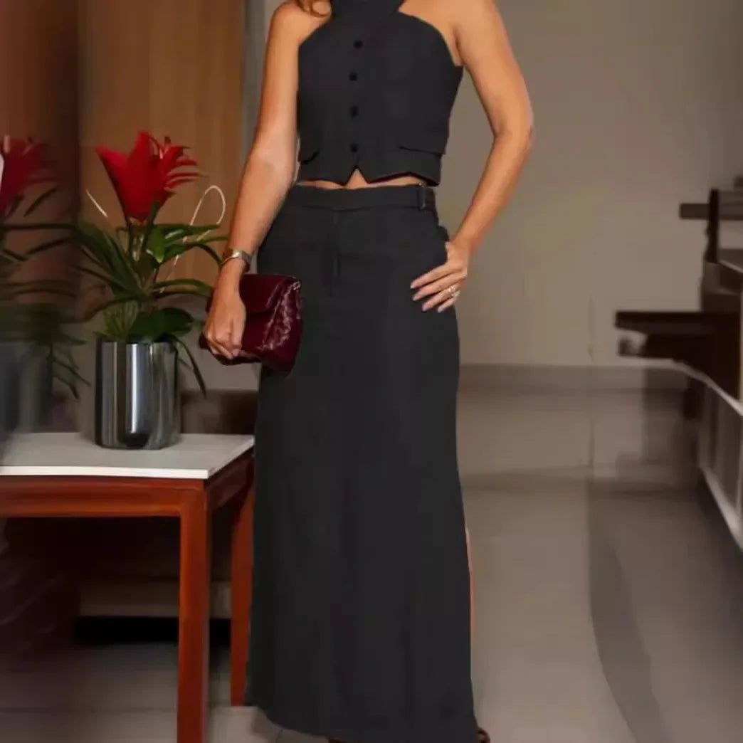 Buttoned Criss Cross Top & Side Slit Pocket Design Skirt Set 2pcs Clothes Set Sleeveless Tank High Waist Long Skirt