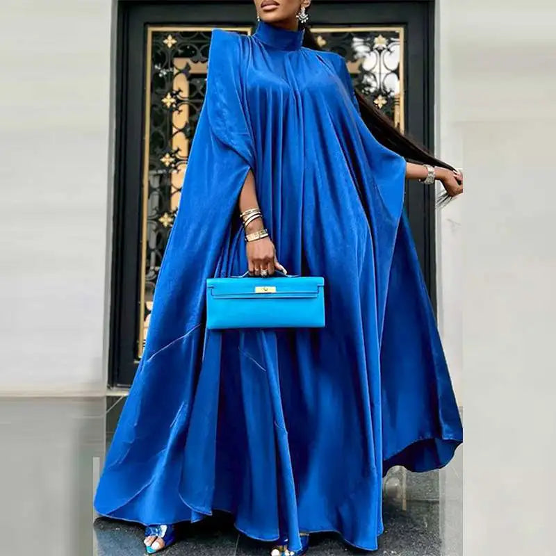 VONDA Women Elegant Satin Dress 2024 Fashion Long Bat Sleeve Stand Collar Evening Pleated Maxi Sundress Casual Solid Loose Robe