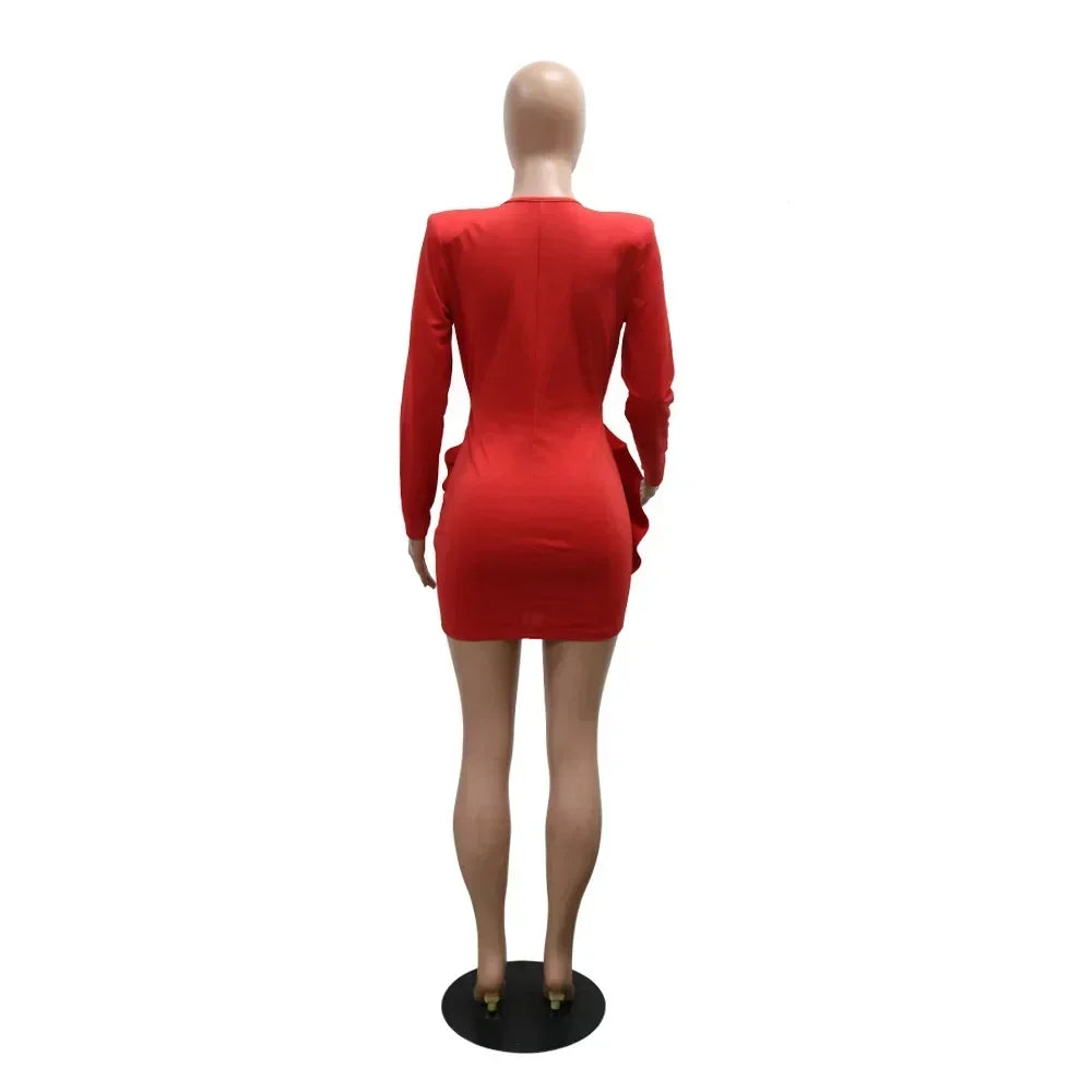 Women Rose Floral Applique Long Sleeve Bodycon Mini Midi Dress Winter V-neck Club Sexy Party Evening Dresses Vestidos