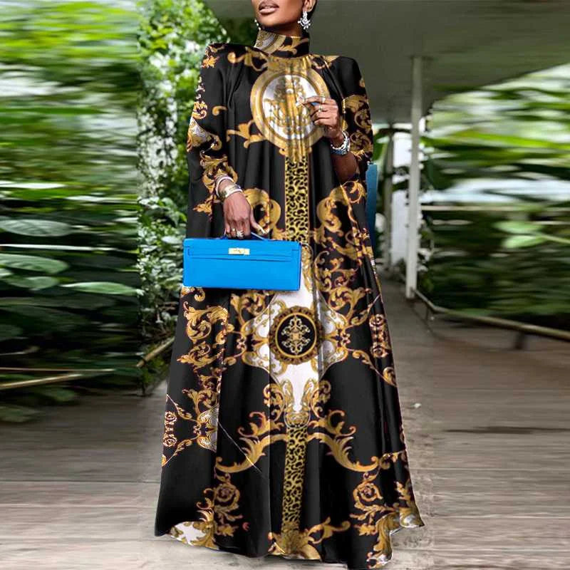 VONDA Elegant Women Maxi Sundress Stand Collar Sexy Sleeveless Bohemian Printed Long Dress Casual Loose Bat Sleeve Party Robe