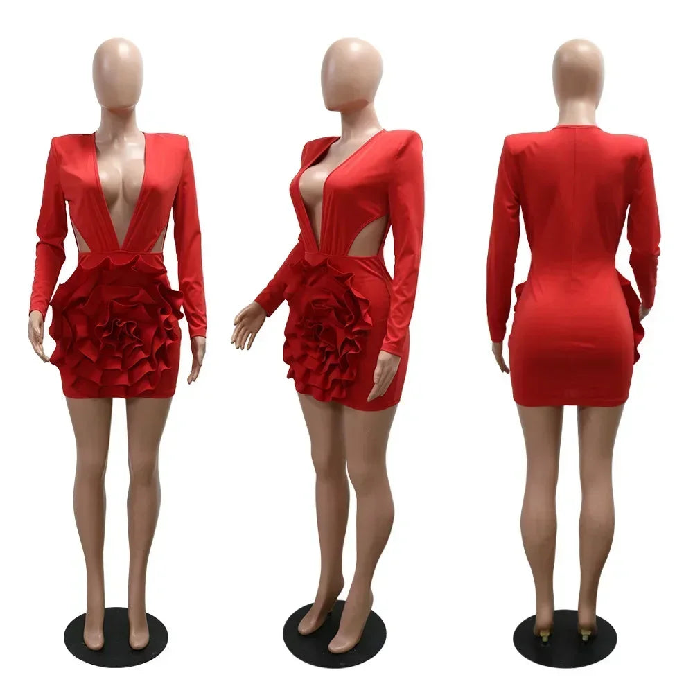 Women Rose Floral Applique Long Sleeve Bodycon Mini Midi Dress Winter V-neck Club Sexy Party Evening Dresses Vestidos