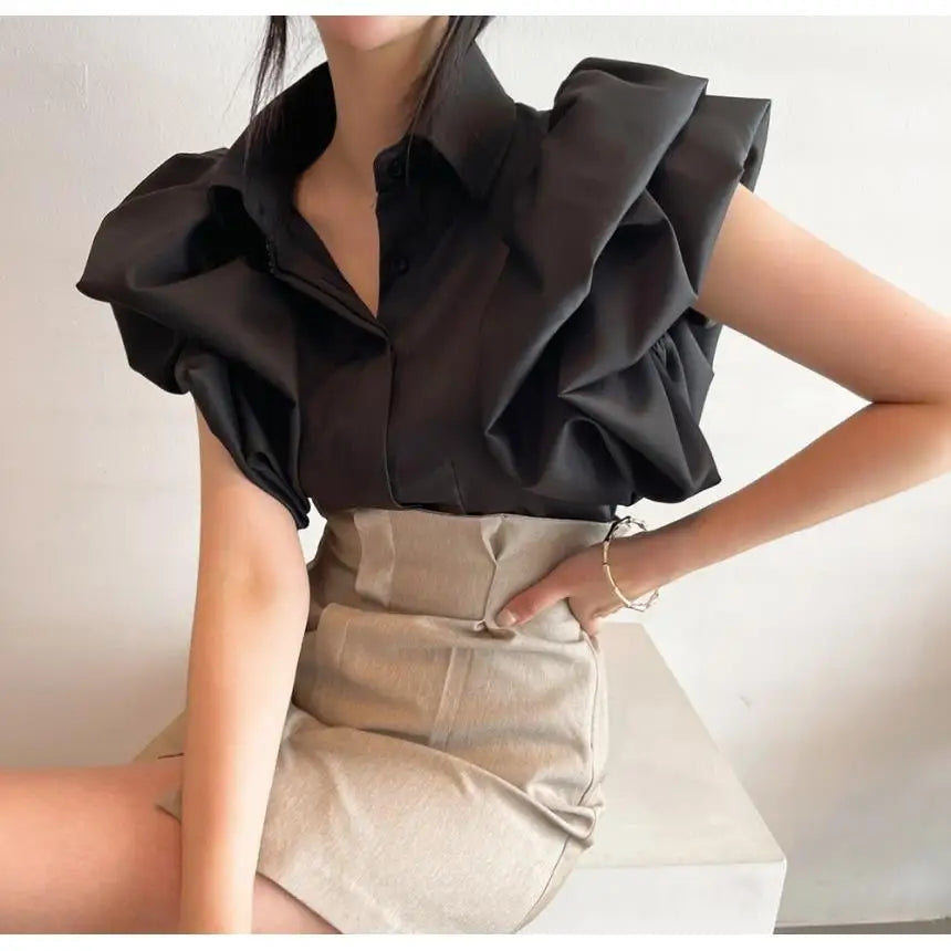2025 Y2K Women Chiffon Black Shirts Summer Fashion Elegant Puff Sleeve Tops Korean All Match Female Casual Blouse New Blusas