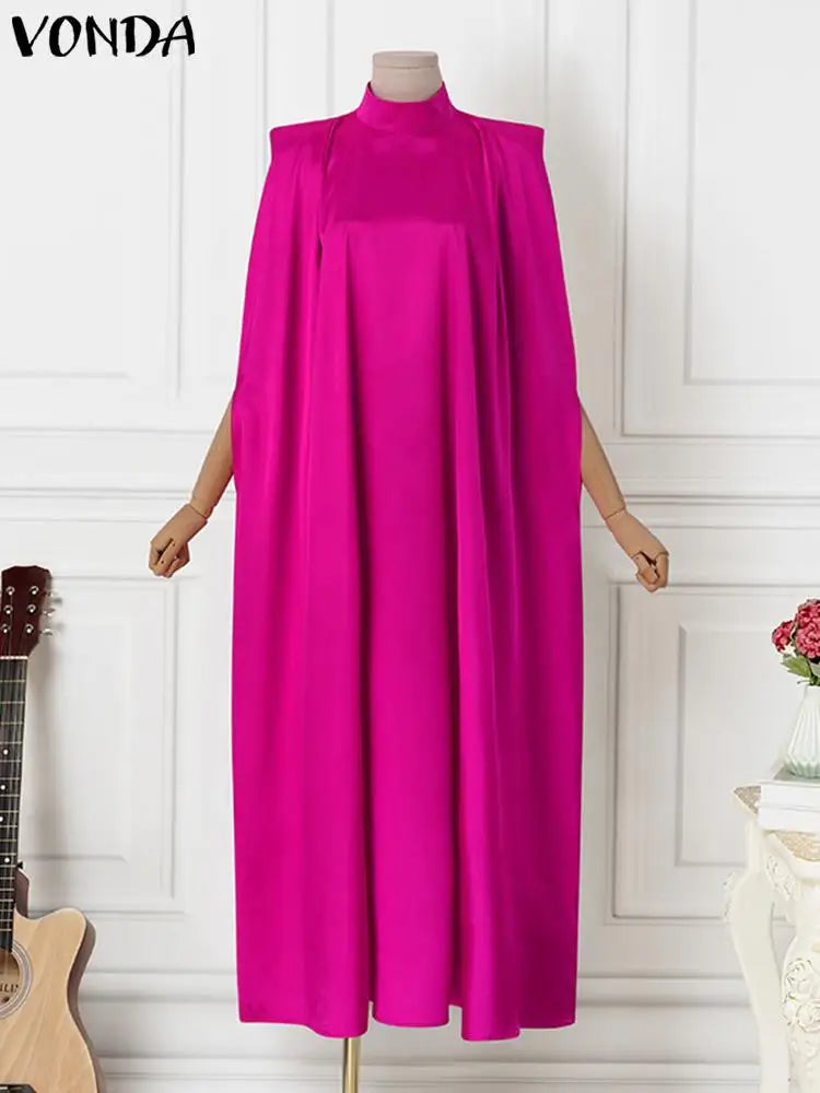 VONDA Women Elegant Satin Dress 2024 Fashion Long Bat Sleeve Stand Collar Evening Pleated Maxi Sundress Casual Solid Loose Robe
