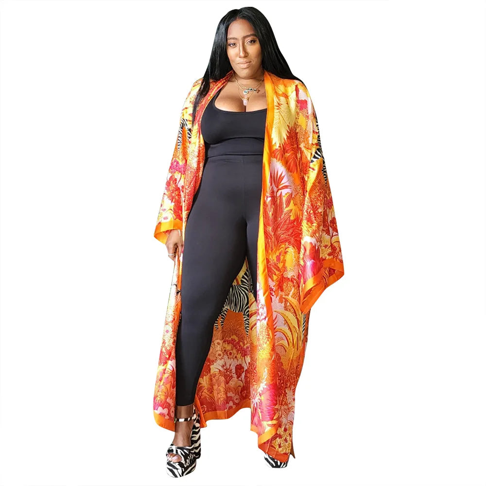 Women's Satin Open Front Cardigan Kimono Duster Sexy Beach Cover-Up Loose Long Flowy Maxi Kimonos Floral Print Summer Cardigan