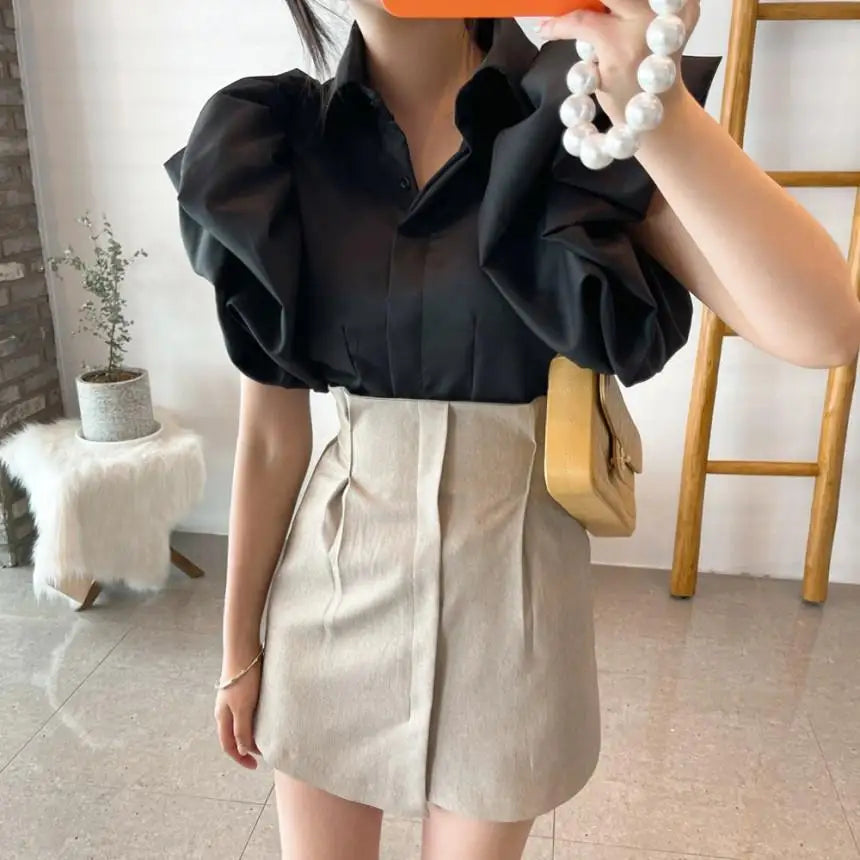 2025 Y2K Women Chiffon Black Shirts Summer Fashion Elegant Puff Sleeve Tops Korean All Match Female Casual Blouse New Blusas