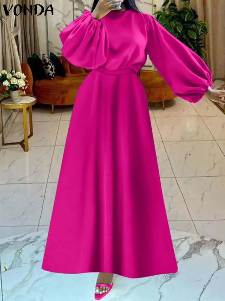 VONDA Women Elegant Satin Dress 2024 Fashion Long Bat Sleeve Stand Collar Evening Pleated Maxi Sundress Casual Solid Loose Robe