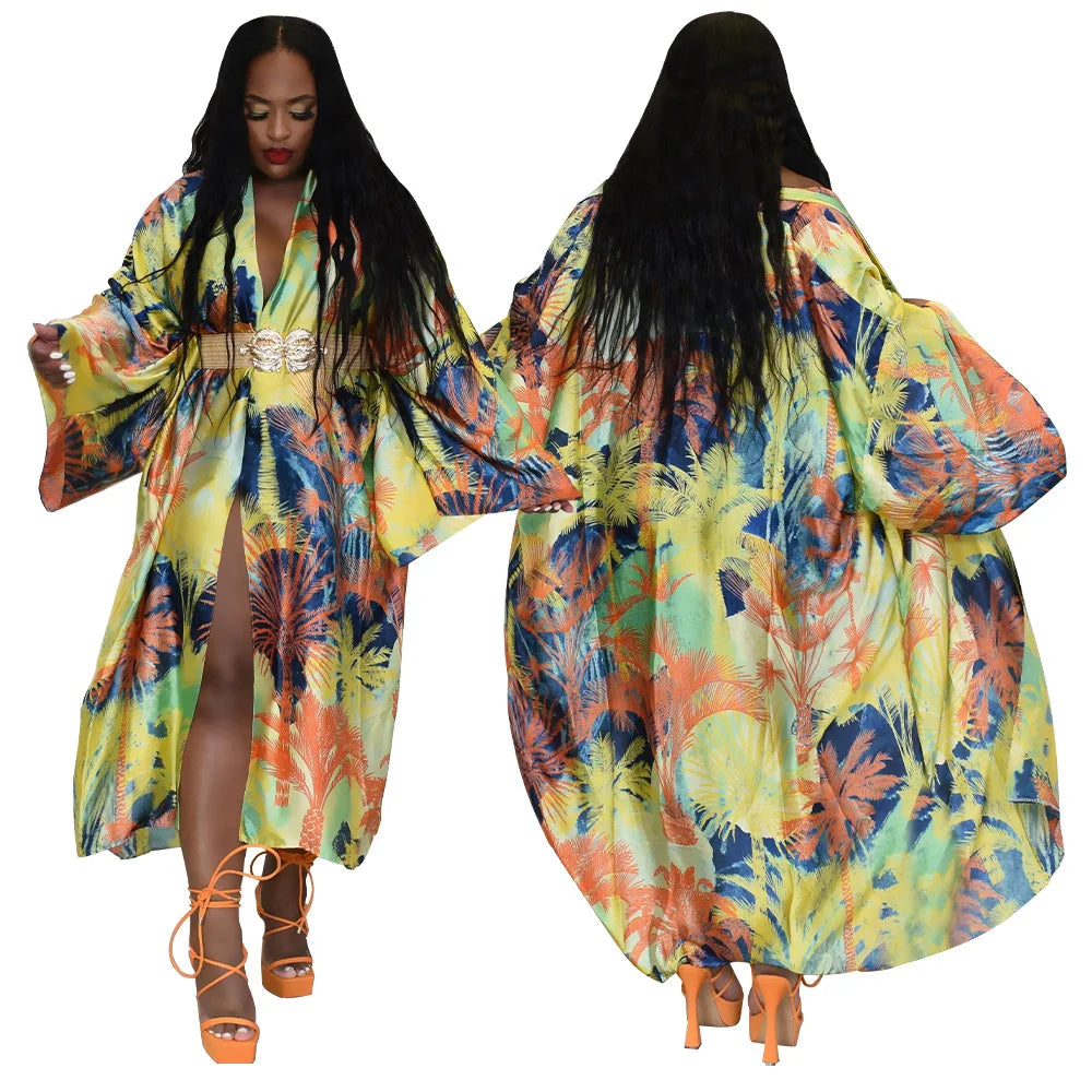 Women's Satin Open Front Cardigan Kimono Duster Sexy Beach Cover-Up Loose Long Flowy Maxi Kimonos Floral Print Summer Cardigan