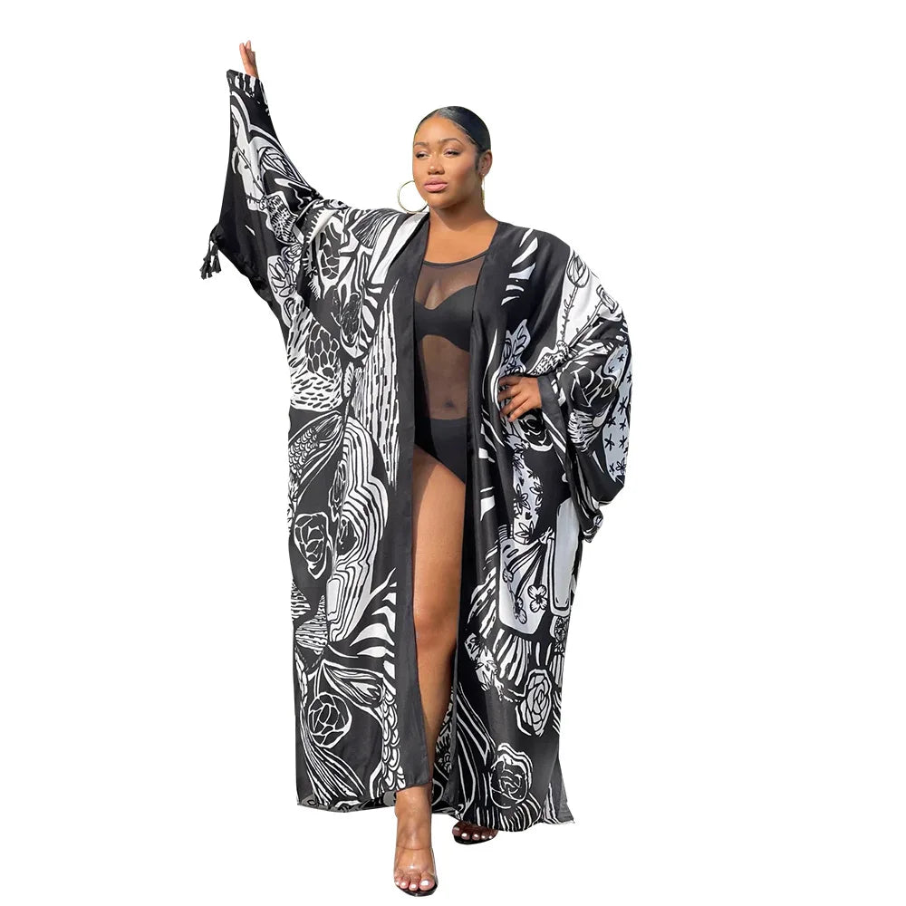 Women's Satin Open Front Cardigan Kimono Duster Sexy Beach Cover-Up Loose Long Flowy Maxi Kimonos Floral Print Summer Cardigan
