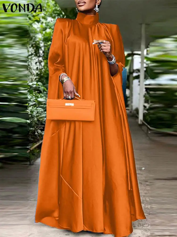 VONDA Women Elegant Satin Dress 2024 Fashion Long Bat Sleeve Stand Collar Evening Pleated Maxi Sundress Casual Solid Loose Robe