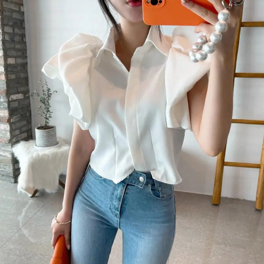 2025 Y2K Women Chiffon Black Shirts Summer Fashion Elegant Puff Sleeve Tops Korean All Match Female Casual Blouse New Blusas