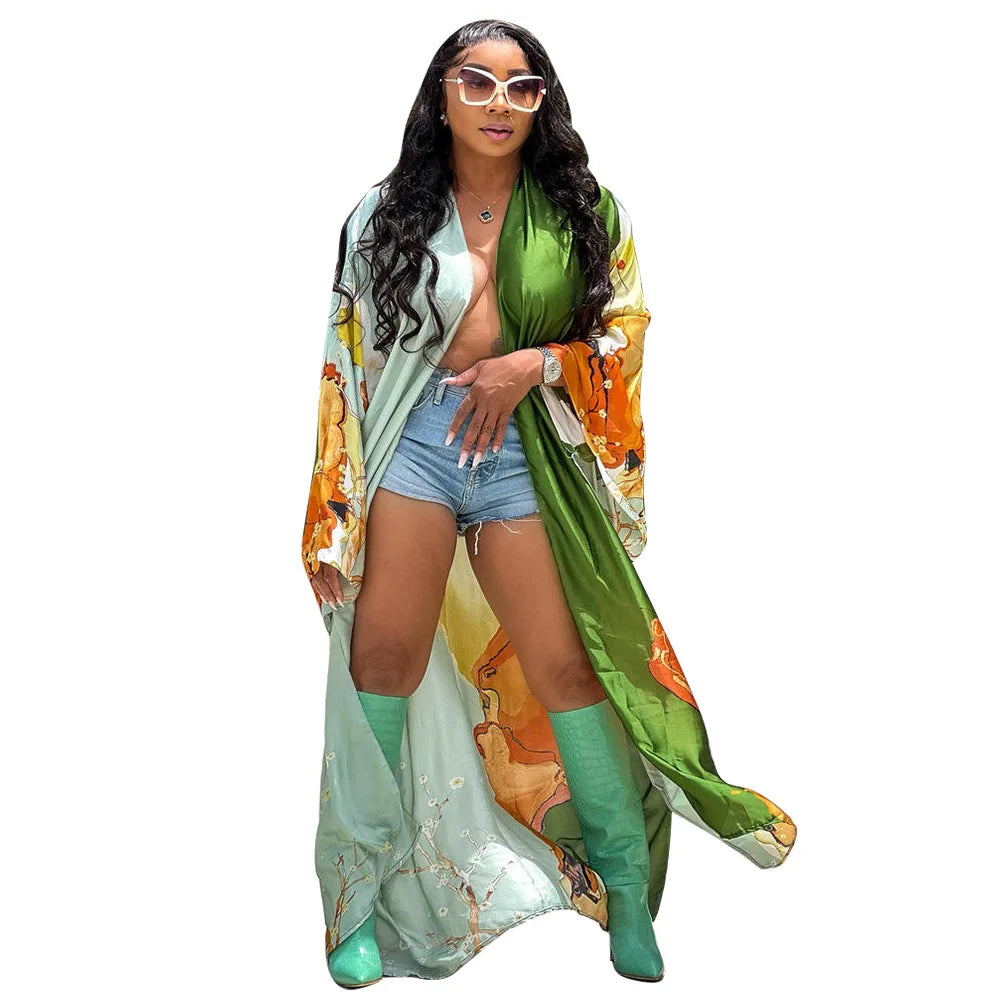 Women's Satin Open Front Cardigan Kimono Duster Sexy Beach Cover-Up Loose Long Flowy Maxi Kimonos Floral Print Summer Cardigan