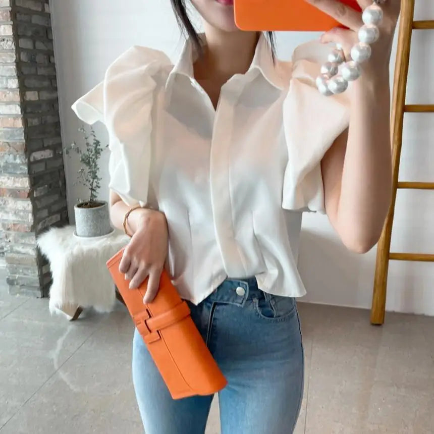 2025 Y2K Women Chiffon Black Shirts Summer Fashion Elegant Puff Sleeve Tops Korean All Match Female Casual Blouse New Blusas