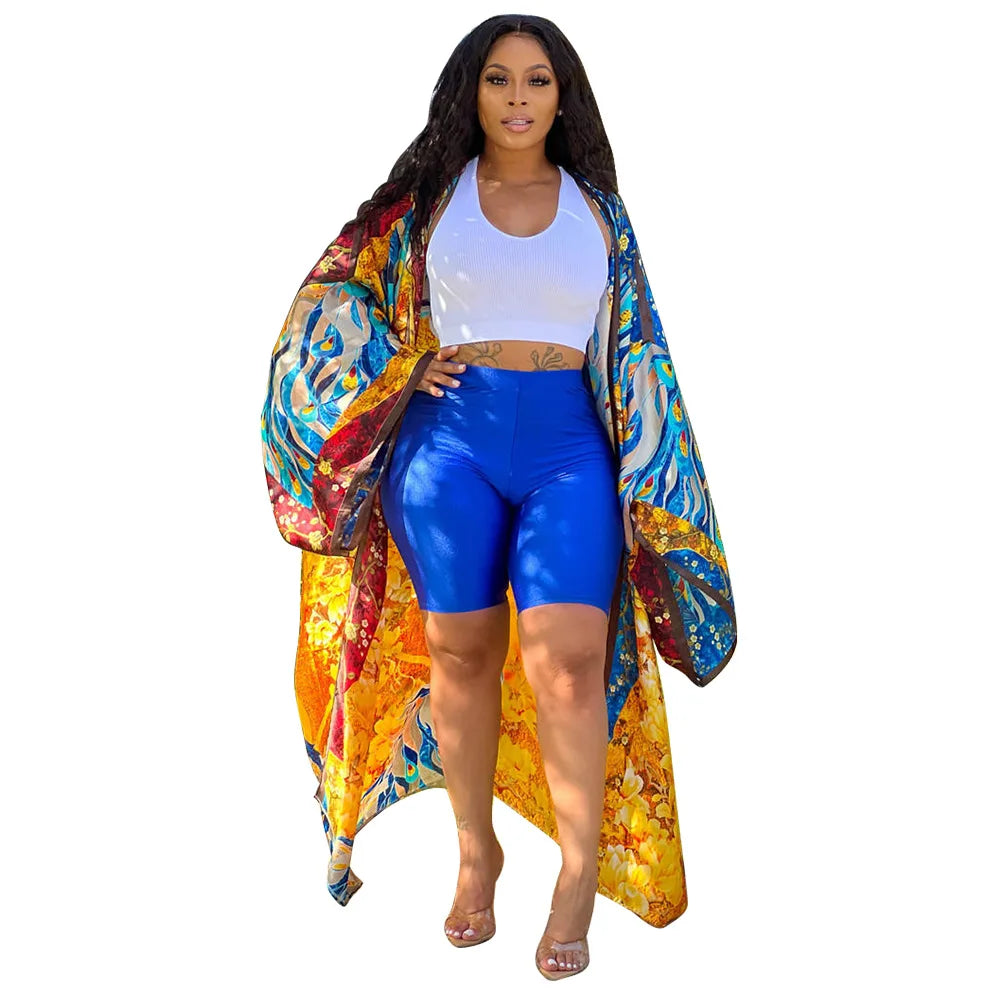 Women's Satin Open Front Cardigan Kimono Duster Sexy Beach Cover-Up Loose Long Flowy Maxi Kimonos Floral Print Summer Cardigan