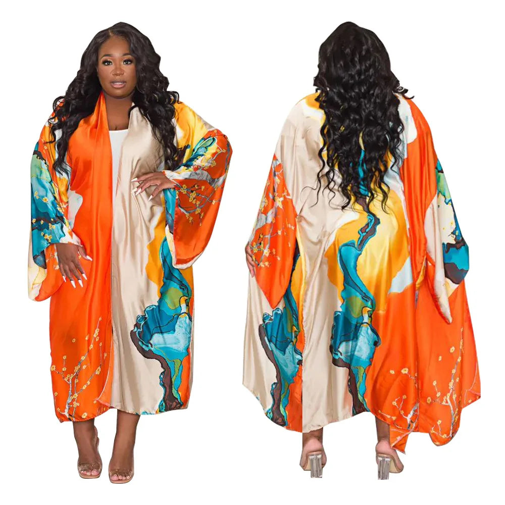 Women's Satin Open Front Cardigan Kimono Duster Sexy Beach Cover-Up Loose Long Flowy Maxi Kimonos Floral Print Summer Cardigan