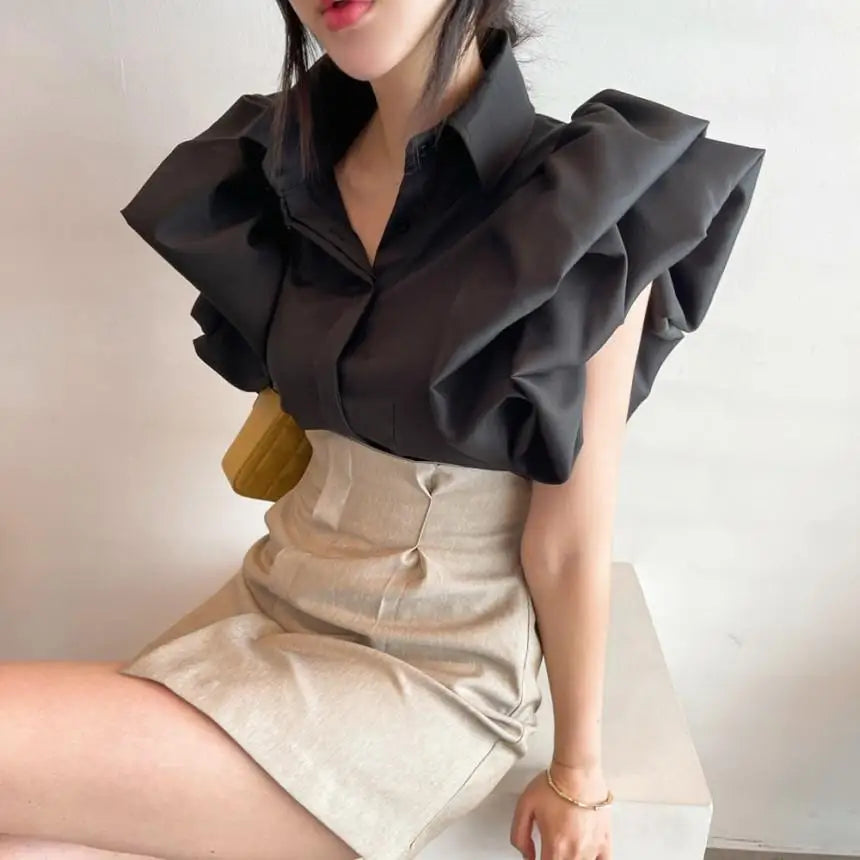 2025 Y2K Women Chiffon Black Shirts Summer Fashion Elegant Puff Sleeve Tops Korean All Match Female Casual Blouse New Blusas