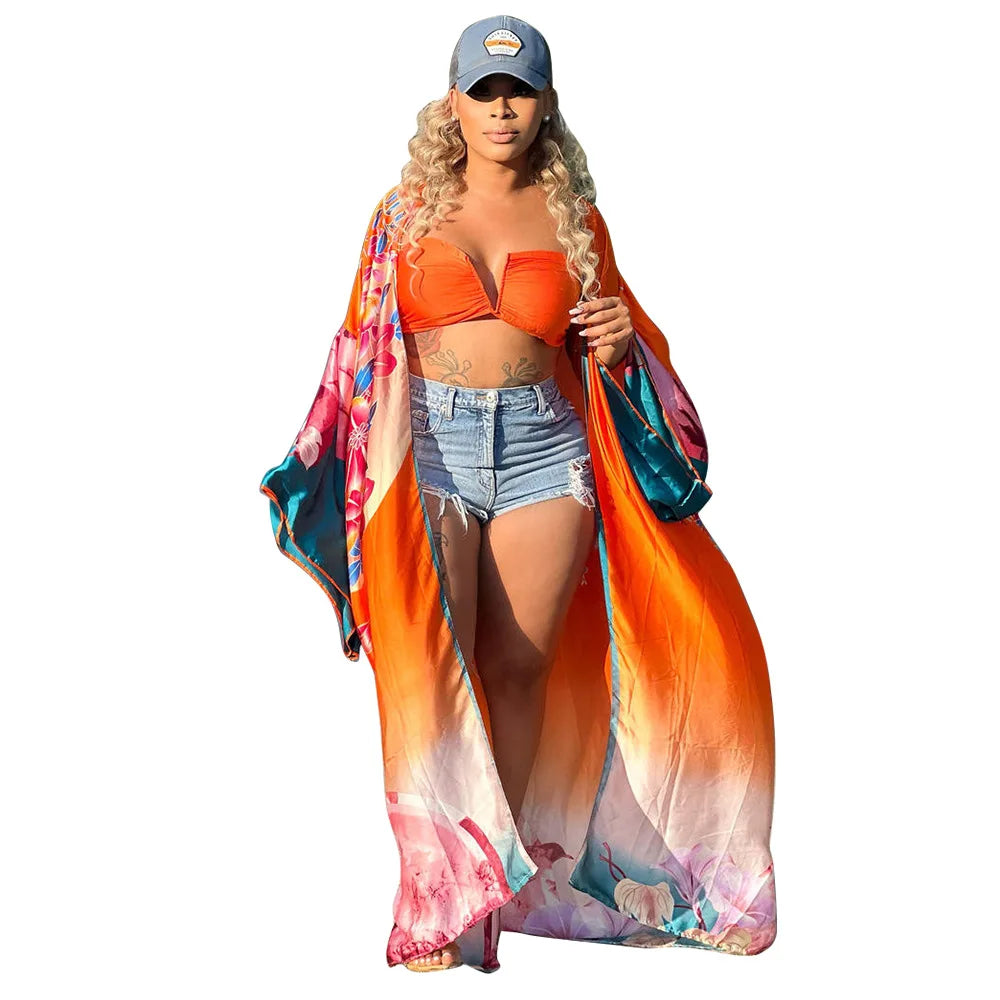 Women's Satin Open Front Cardigan Kimono Duster Sexy Beach Cover-Up Loose Long Flowy Maxi Kimonos Floral Print Summer Cardigan