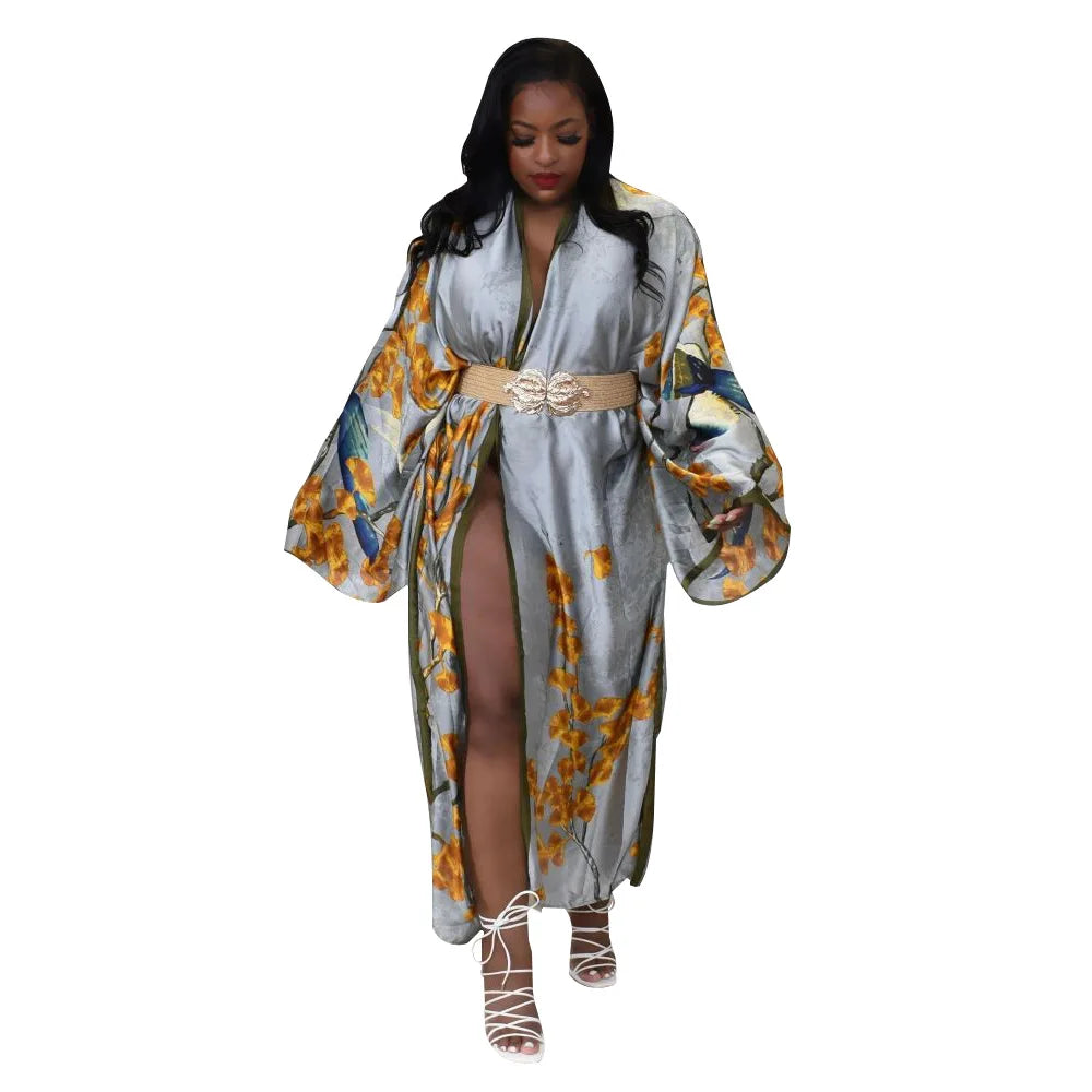 Women's Satin Open Front Cardigan Kimono Duster Sexy Beach Cover-Up Loose Long Flowy Maxi Kimonos Floral Print Summer Cardigan