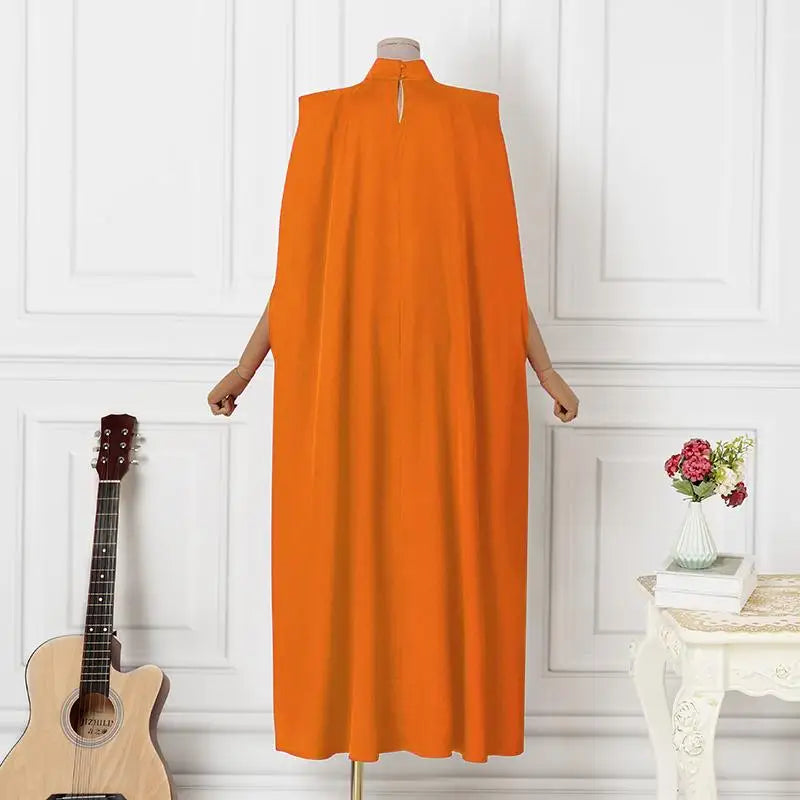 VONDA Women Elegant Satin Dress 2024 Fashion Long Bat Sleeve Stand Collar Evening Pleated Maxi Sundress Casual Solid Loose Robe