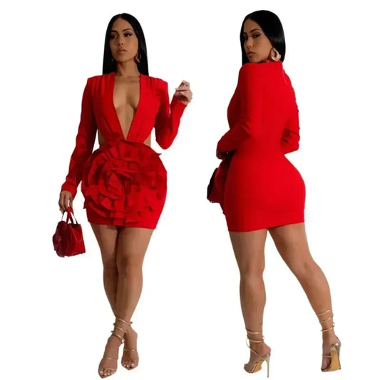 Women Rose Floral Applique Long Sleeve Bodycon Mini Midi Dress Winter V-neck Club Sexy Party Evening Dresses Vestidos