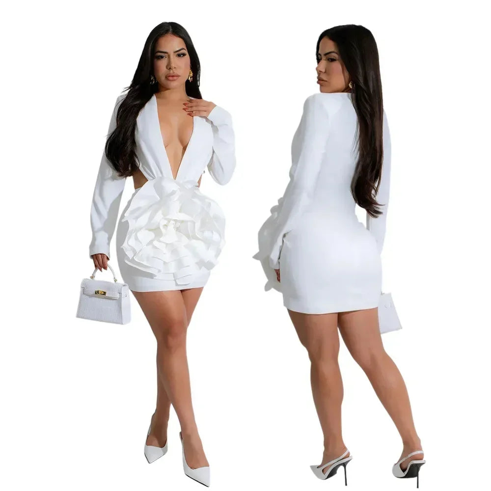 Women Rose Floral Applique Long Sleeve Bodycon Mini Midi Dress Winter V-neck Club Sexy Party Evening Dresses Vestidos