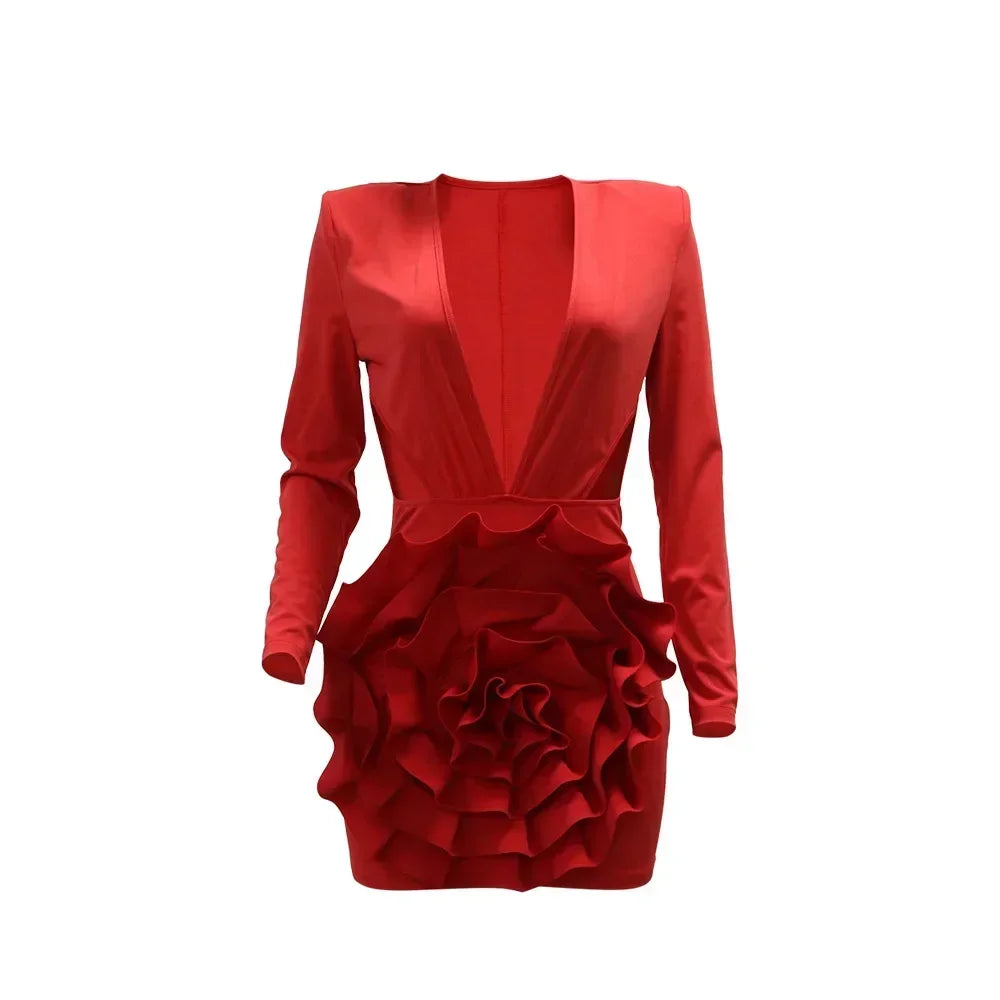 Women Rose Floral Applique Long Sleeve Bodycon Mini Midi Dress Winter V-neck Club Sexy Party Evening Dresses Vestidos