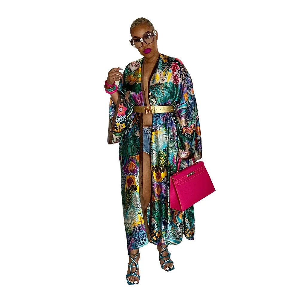 Women's Satin Open Front Cardigan Kimono Duster Sexy Beach Cover-Up Loose Long Flowy Maxi Kimonos Floral Print Summer Cardigan