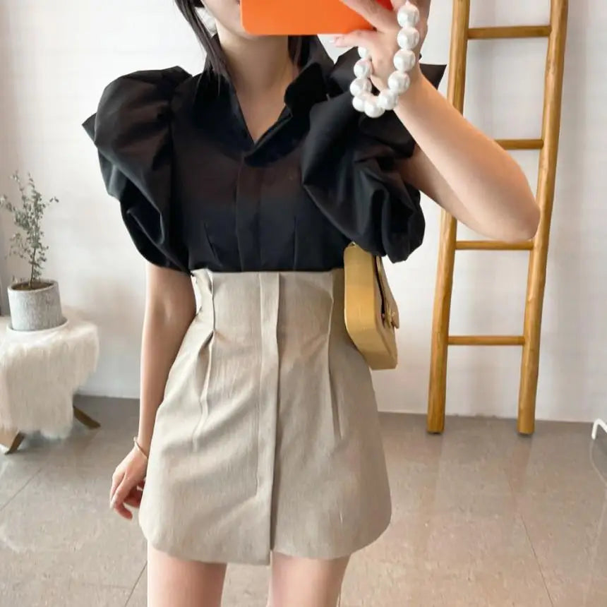 2025 Y2K Women Chiffon Black Shirts Summer Fashion Elegant Puff Sleeve Tops Korean All Match Female Casual Blouse New Blusas