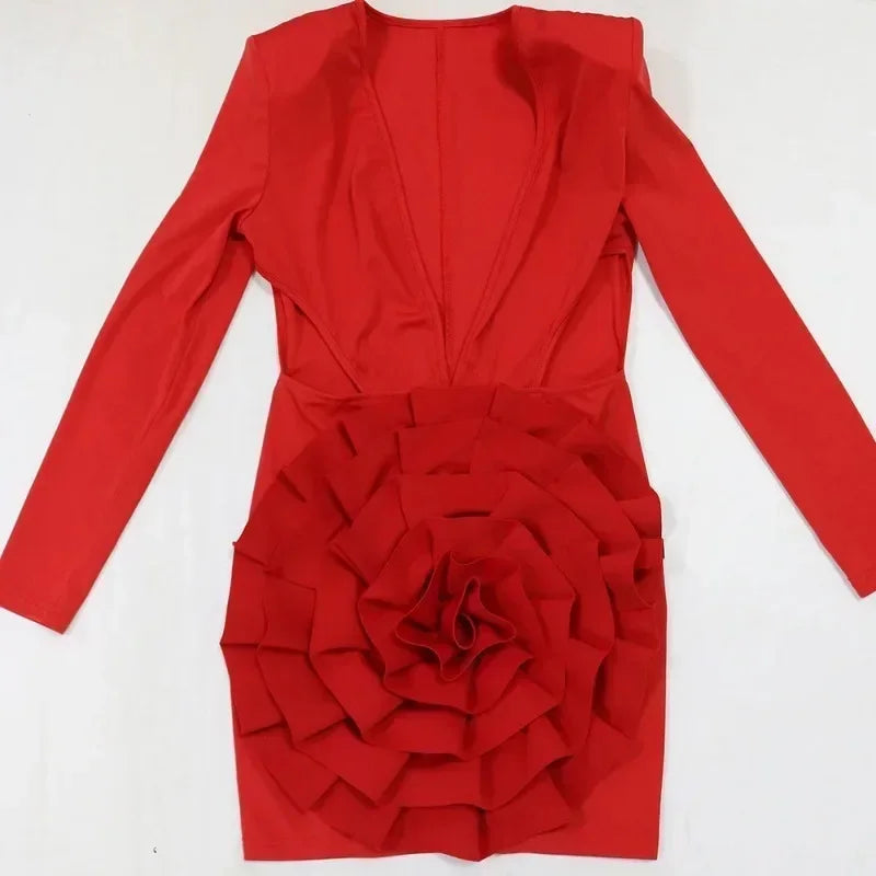 Women Rose Floral Applique Long Sleeve Bodycon Mini Midi Dress Winter V-neck Club Sexy Party Evening Dresses Vestidos