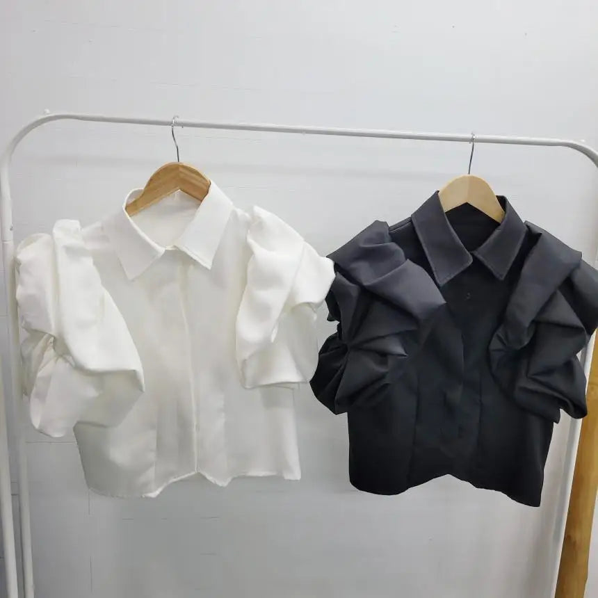 2025 Y2K Women Chiffon Black Shirts Summer Fashion Elegant Puff Sleeve Tops Korean All Match Female Casual Blouse New Blusas