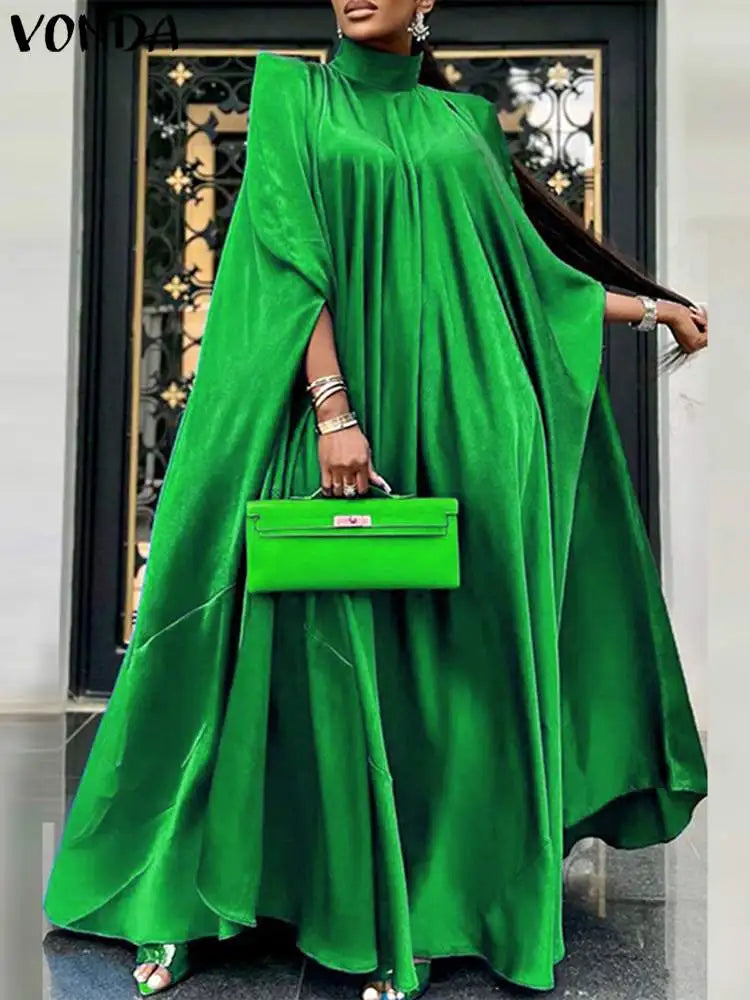 VONDA Women Elegant Satin Dress 2024 Fashion Long Bat Sleeve Stand Collar Evening Pleated Maxi Sundress Casual Solid Loose Robe