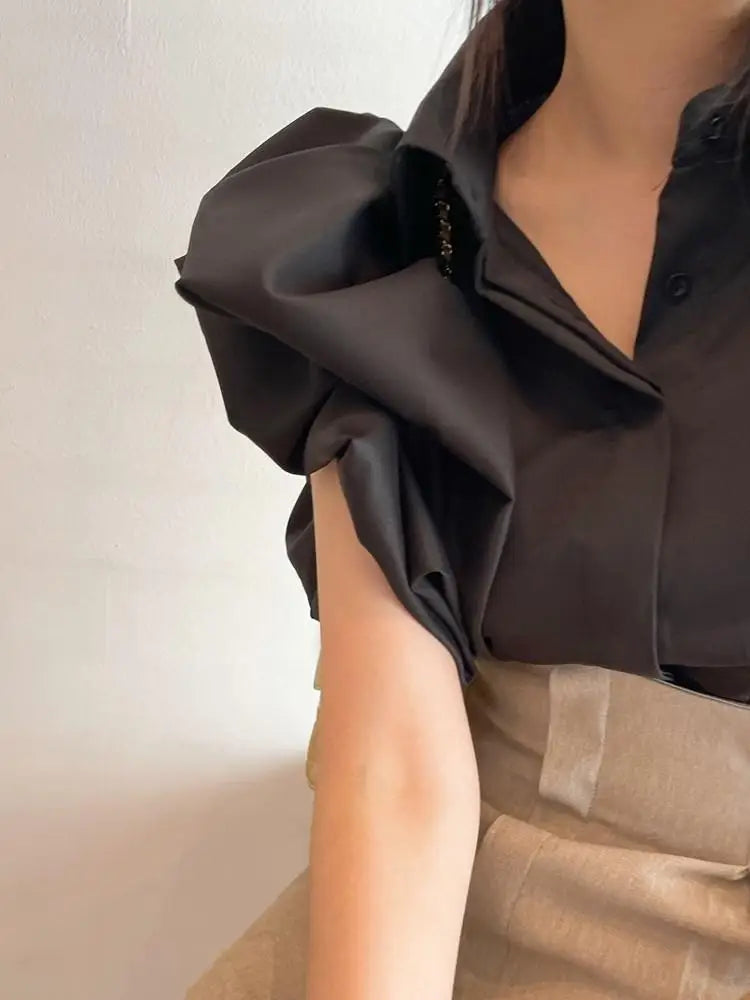 2025 Y2K Women Chiffon Black Shirts Summer Fashion Elegant Puff Sleeve Tops Korean All Match Female Casual Blouse New Blusas